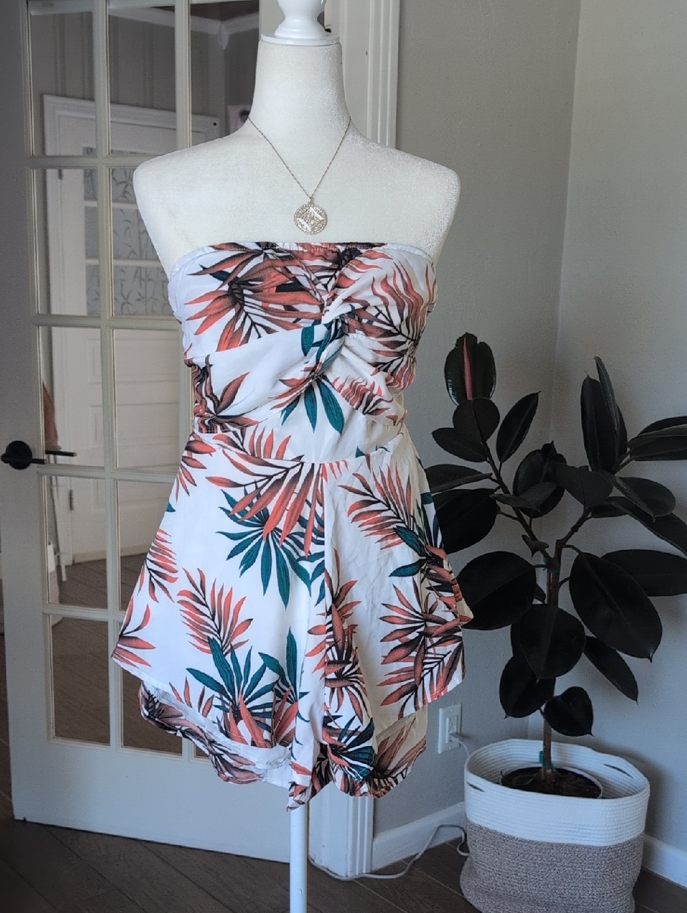 Boutique Tropical Strapless Romper in White with Palm Print Medium